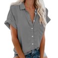 thumbnail image 1 of cfhntfmh Button down Shirts for Women Short Sleeve Collared V Neck Blouse 2025 Solid Color Business Tops with Pocket, 1 of 4