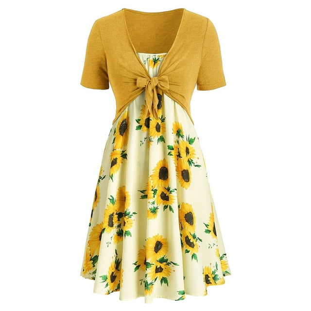 Robe Mini pour Femmes à Manches Courtes avec Nœud, Haut Bandage, Imprimé Tournesol, Ensemble Robe