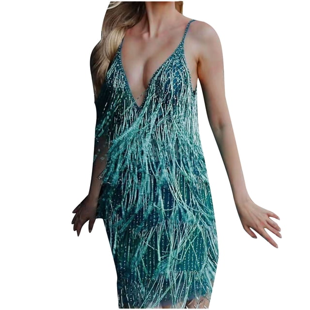 Mrat Robe de Danse Latine pour Femmes à Paillettes avec Ourlet à Franges, Justaucorps, Rumba, Jazz, Robes de Danse, Tenue de Danse, Robe de Fête, Soirée, Robe à Franges à Paillettes, Scintillante, Sans Manches, Mini, à Franges, Bleu Ciel, M