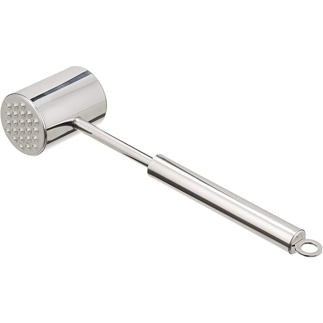 Attendrisseur de Viande, Double Face, Maillet à Viande, Marteau à Viande en Acier Inoxydable 304 et Manche en Acier Inoxydable 201. le Marteau Mesure 27 cm de Longueur, avec un Diamètre de Tête Ronde de 5 cm et une Hauteur de 5,6 cm. Présente une Conception Double Face avec un Côté Plat pour Pilonner et un Côté Texturé pour Attendrir. Conçu Ergonomiquement pour une Utilisation Facile avec une Finition Polie et un Oeillet de Suspension pour un Rangement Pratique. Idéal pour Attendrir le steak, le Poulet et le Veau.