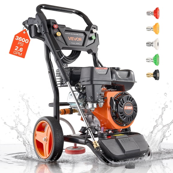 VEVOR Laveuse à Pression d'Air 3600 PSI et 2,6 GPM Max, Pompe à Cuivre Pleine, Pistolet Vaporisateur et Baguette, Ensemble de 5 Embouts, Boyau de 26 Pi Laveuse à Pression d'Air