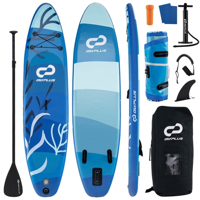 Goplus Small Inflatable SUP Board in navy, measuring 10' x 30" x 6", ideal for youth and adults. This portable inflatable paddle board features 5 D rings for securing accessories, an adjustable paddle (65.5" to 82"), and durable PVC construction. Includes a backpack, hand pump, pressure gauge, leash, repair kit, spanner, and removable fin for versatile water activities like yoga, fishing, and surfing.