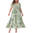 thumbnail image 1 of GRACE & GRANDEUR Robe Maxi Bohème à Fleurs pour Femme Grande Taille, Manches Courtes, Encolure Carrée, Smockée, 1X Vert, 1 of 5