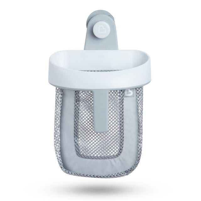 Munchkin Super Scoop Bath Toy Organizer in grey with a wide white scoop and attached grey mesh bag, designed to hang securely on bathroom walls using a suction cup and fish-shaped hook for easy scooping, draining, and storing of baby bath toys.