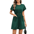 thumbnail image 2 of Robes Femmes Printemps Été 2025 Décontractées Col Rond à Volants Manches Courtes Fluides Coupe Trapèze Mini avec Poches Noir et Vert TTG, 2 of 8