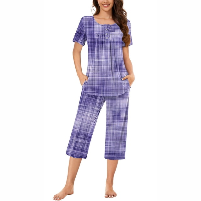 Rbaofujie Robe pour Femmes T-Shirt à Col Rond Imprimé à Manches Courtes et Ensemble Pantalon Tenue d'Intérieur Pyjamas avec Poches Pyjamas d'Automne
