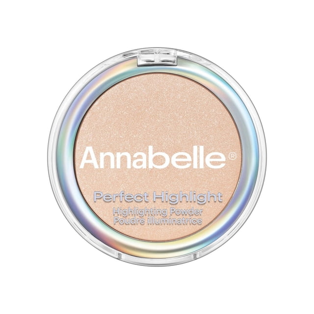 Annabelle Poudre Illuminatrice Parfaite Sans Talc en Forme de Rond compact avec Couvercle Transparent et Rebord iridescent, Montrant une Poudre beige Pâle Lumineuse Qui s'Ajuste à Chaque Ton de Peau, Végane et Sans Parabènes, Idéale pour Illuminer Naturellement le Visage.