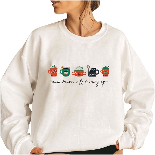 Pompotops Chandails en Molleton de Noël Décontractés pour Femmes Col Rond Imprimé Manches Longues Blouse T-shirt Tops