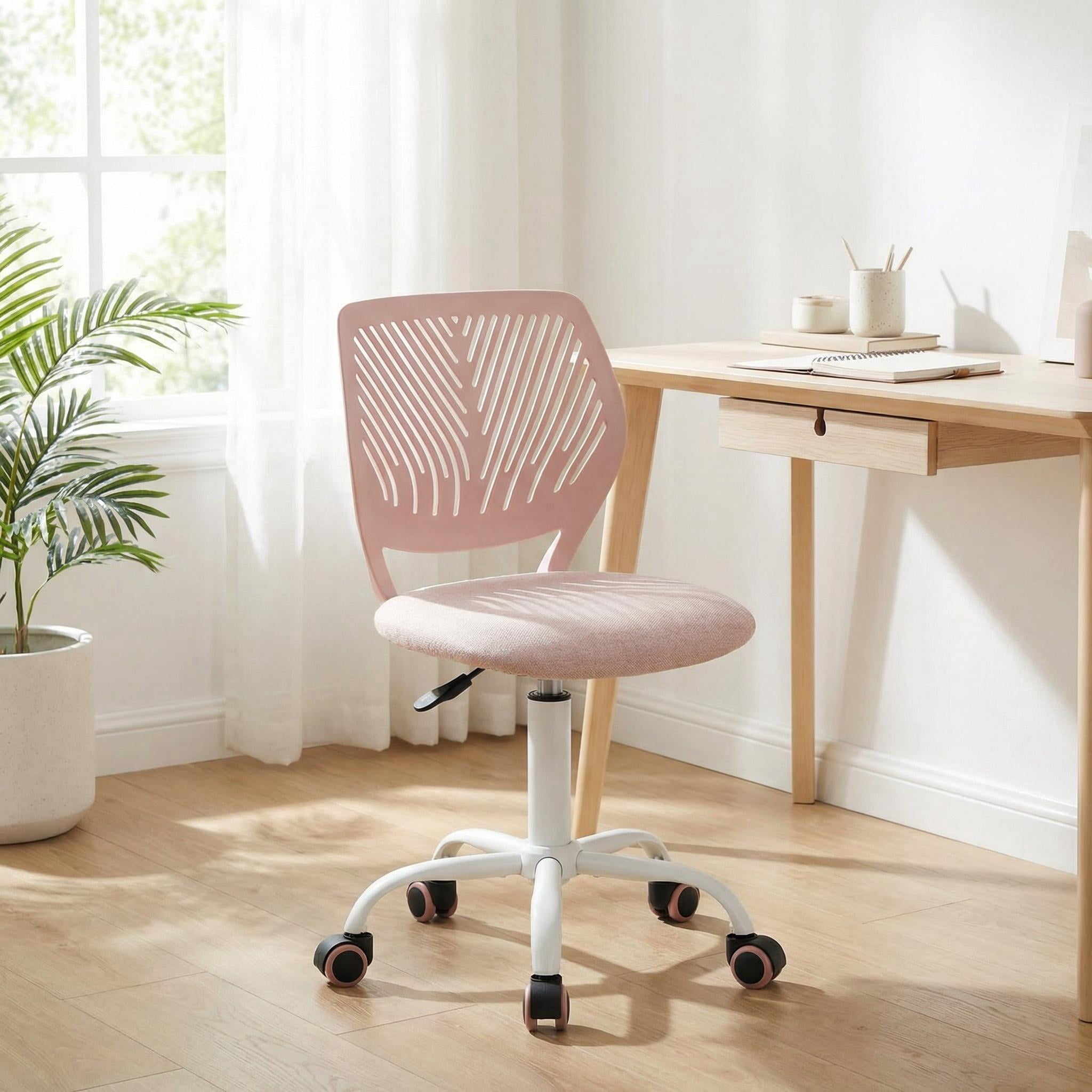 Homy Casa 29.5''-34.2'' Adjustable Vanity Desk Chair, Pink Upholstered Swivel Study Chair with White Rolling Base