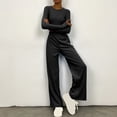 thumbnail image 2 of Timegard Lounge Outfits for Women Long Sleeve Round Neck Solid Color Cropped Tops Elastic Waist Wide Leg Pants Sets, 2 of 6