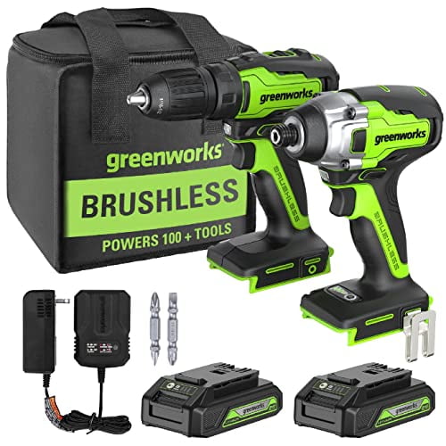 Greenworks 24V Brushless Drill / Driver + Impact Driver, 2 Batteries and Charger Included CK24L1520