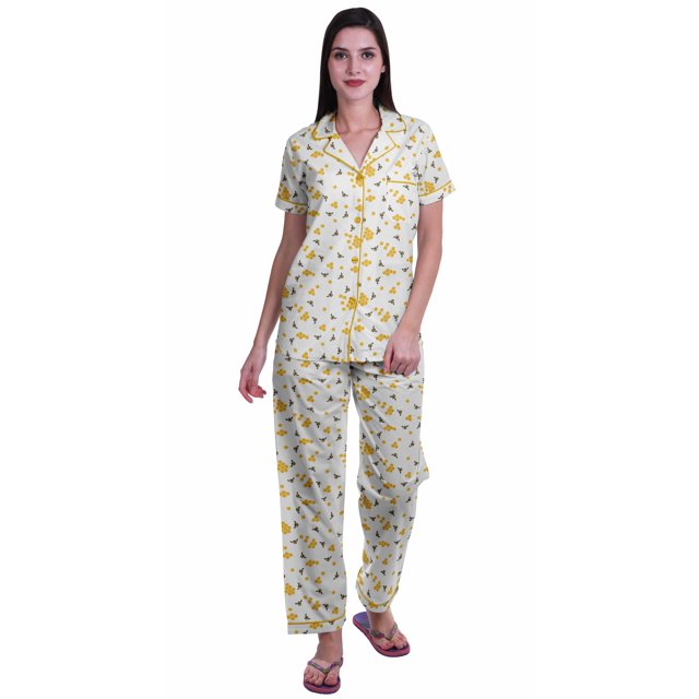 Moomaya Ensemble de Pyjama en Coton Imprimé à Col Cranté, Boutonné, pour Femmes, Tenue de Nuit
