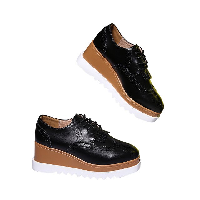 LSLJS Chaussures en Cuir Style Britannique pour Femmes à Bout Rond, Talon Compensé, Semelle Épaisse à Pompon Style Muffin, Chaussures en Cuir pour Femmes