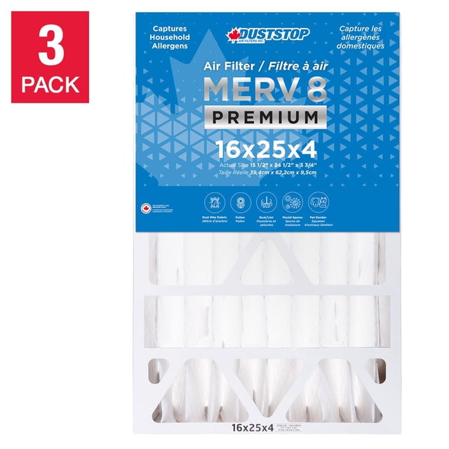 Duststop MERV 8 Premium Pleated Furnace Filter, 3-pack, 16 x 25 x 4 inches. The packaging features a blue design with the Duststop logo and highlights its ability to capture dust, pollen, mould spores, and pet dander. Suitable for homes with pets and allergens, this filter offers a MERV 8 rating for improved air quality and efficiency. Each pack includes three filters.