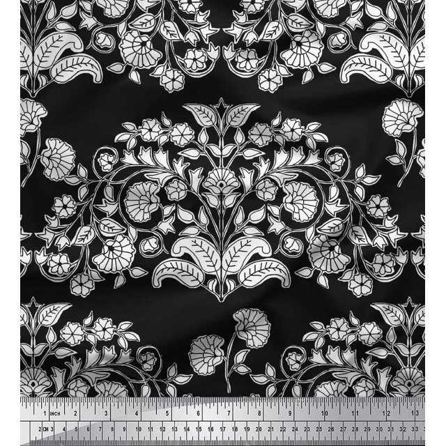 Soimoi Polyester Crepe Fabric Leaves & Floral Block Decor Fabric Printed Yard 42 Inch Wide