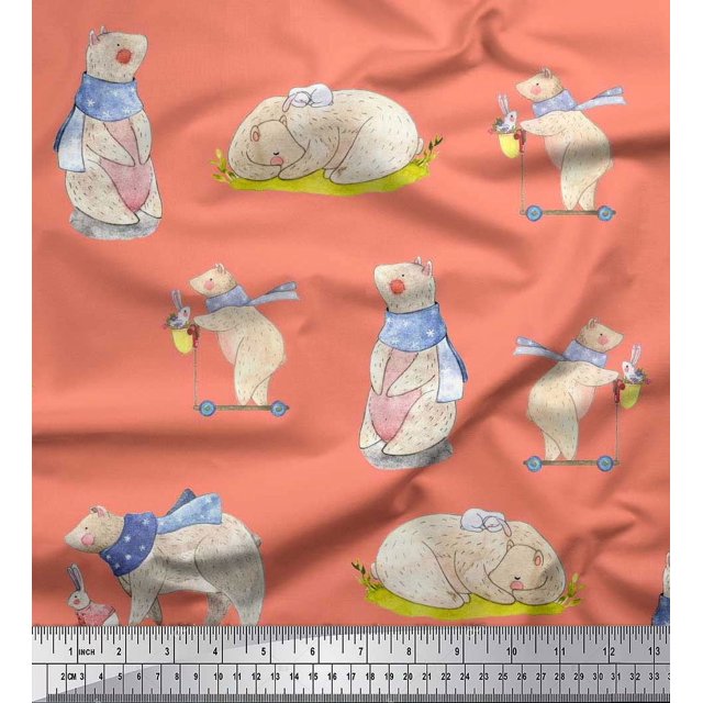 Soimoi Tissu Georgette Viscose Cycle,Rabbit & Bear Tissu Imprimé pour Enfants au Mètre 42 Pouces de Large