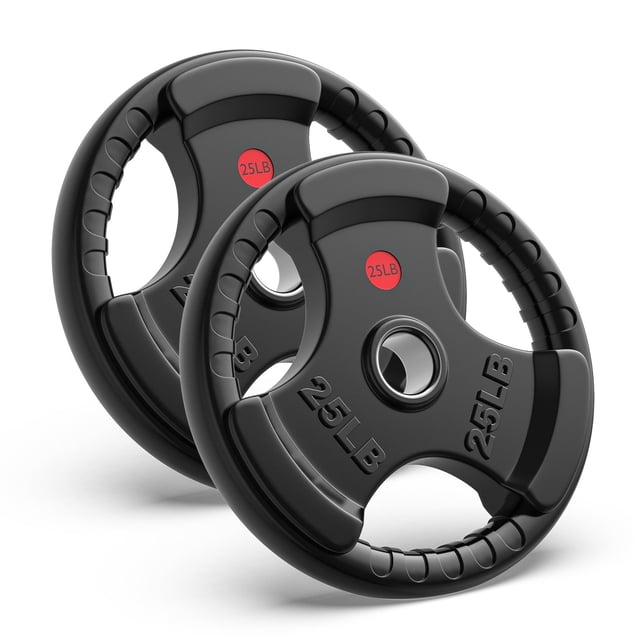 GIKPAL 50lbs weight plates featuring two 25lb rubber-coated Olympic weight plates with a 2-inch center hole. Made of solid cast iron and eco-friendly rubber, these plates are durable, rust-resistant, and designed for strength training and weightlifting. Each plate has three ergonomic grip openings for easy handling and is labeled with a red 25lb marking for quick identification. Suitable for use with standard Olympic bars and racks, ideal for home gym setups.