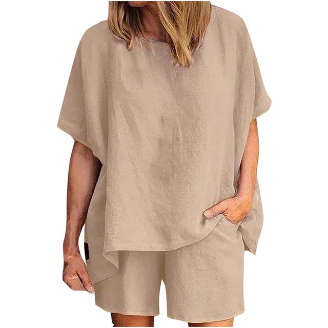 Pompotops Femmes Casual Été Col Rond Manches Courtes Tops et Shorts Deux Pièces Ensemble Costume