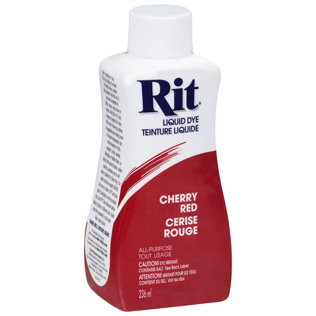 Rit All Purpose Liquid Dye cherry red 236 ml bottle with white cap and red lower section, labelled in English and French, suitable for fabric dyeing and crafting projects including cotton, silk, and wool.