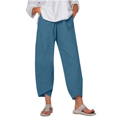 lcziwo Capri Pants for Women Linen Wide Leg Elastic Waisted Pants Solid Color Casual Summer Cropped Lounge Trousers with Pockets,Blue,XXXXL