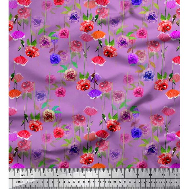 Soimoi Tissu en Poly Georgette Feuilles & Roses Imprimés Floraux au Mètre 52 Pouces de Large