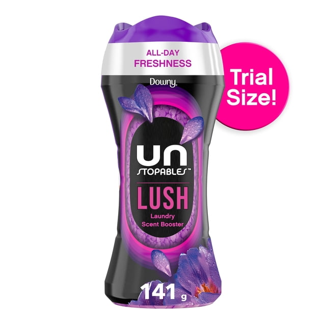 Downy Unstopables In-Wash Laundry Scent Booster Beads, Lush trial size 141 g container with purple cap and black body featuring purple floral graphics, labeled for all-day freshness and laundry scent boosting in household laundry additives.