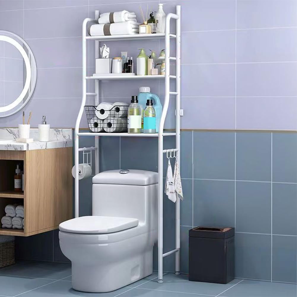 2/3-Tier Over The Toilet Rack Storage, Metal Bathroom Shelves, Space Saver Freestanding Above Over Toilet Storage Shelf with Hooks & Paper Holder for Bathroom