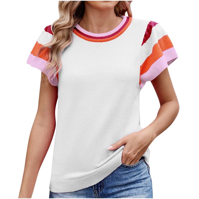 Pisexur Hauts pour Femmes Confort Printemps Hauts pour Femmes Nouveau Col Rond Tricot Design Color-Block Hauts Décontractés pour Femmes Chandail à Manches Courtes Doux, Hauts Mignons pour Femmes