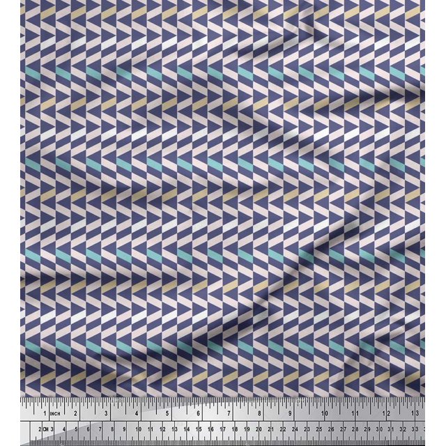 Soimoi Blue Velvet Fabric Stripe & Triangle Geometric Print Fabric by Yard 58 Inch Wide