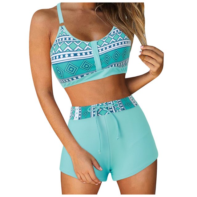 Huesdet Women's Triangle Bikini Set String Swimsuit Print Tie Smocked Ruched Two Piece Bathing Suit(Light Blue,M)