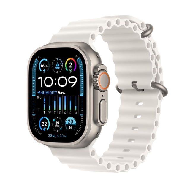 Apple Watch Ultra GPS + Cellular 49mm Titanium Case with white perforated sport band, corrosion-resistant titanium body, and superbright Always-On Retina display showing weather, humidity, and fitness metrics, large digital crown with orange accent, designed for outdoor and endurance use.