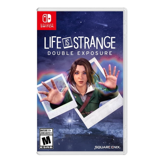 Life Is Strange: Double Exposure Nintendo Switch game cover featuring a character in a green jacket reaching forward with both hands, framed by two Polaroid-style photos, set against a snowy night sky with a comet, ESRB Mature 17+ rating, Square Enix logo.