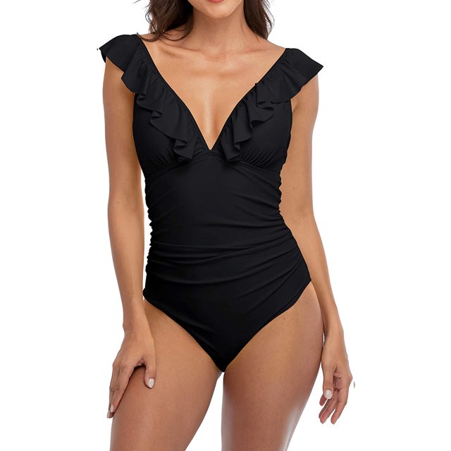 Womens Ruffle One Piece Swimsuits V Neck Ruched Monokini Bathing Suits