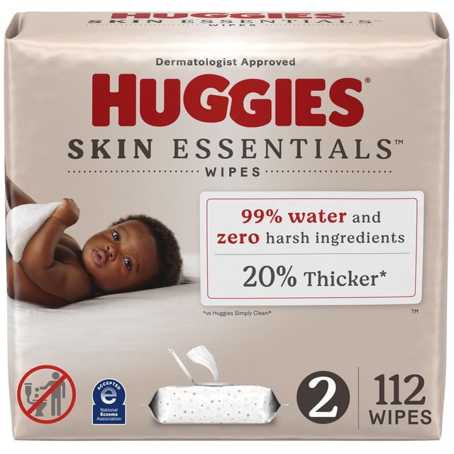 Huggies Skin Essentials Baby Wipes, 2 flip top packs with 112 wipes total, dermatologist approved and accepted by the National Eczema Association, made with 99% water and zero harsh ingredients, 20% thicker than Huggies Simply Clean, hypoallergenic and pH balanced for sensitive skin.