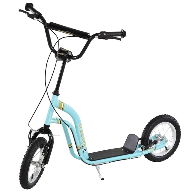 Aosom Kick Scooter, Teens Scooter with Adjustable Height Handlebar, Blue. Designed for outdoor activities, it features a steel frame with rust-resistant powder coating, wide textured foot deck for anti-slip balance, and robust inflatable rubber wheels with a soccer ball design. Includes front and rear wheel dual braking system for safety and a soft wrapped handlebar for comfort. Suitable for ages 5+ with a weight capacity of 220 lbs.