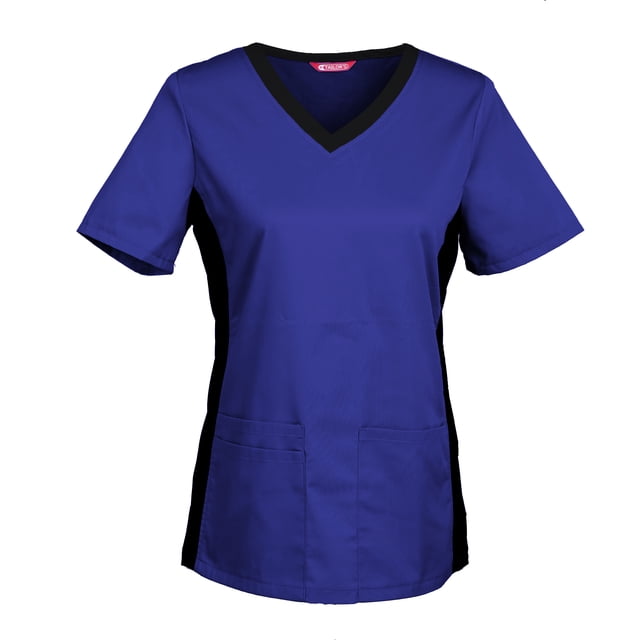 Women's scrub top by TAILOR'S featuring a V-neck design, stretch side panels, and three pockets including one double side pocket. Made from a 65% polyester and 35% cotton blend in a vibrant blue color. Ideal for workwear and suitable for machine wash and dry.