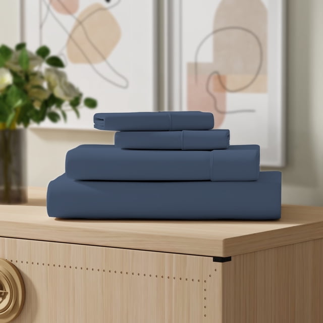 Color Sense 100% Cotton Percale Cool & Crisp 4-Piece Sheet Set Queen Navy