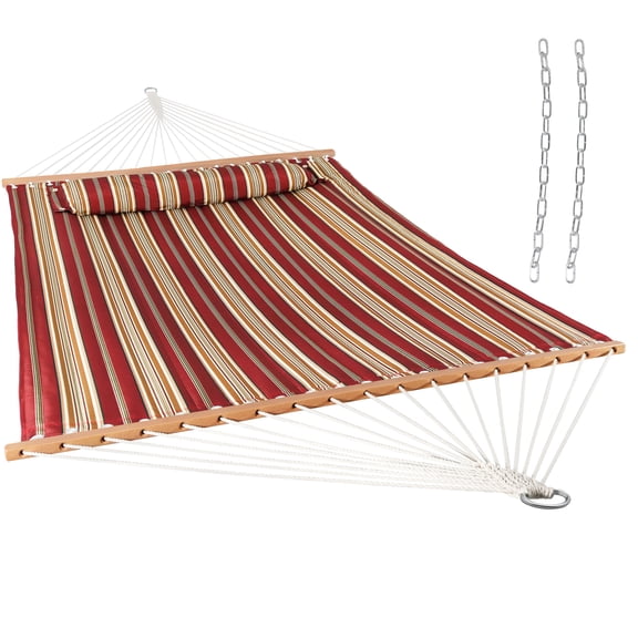 Sunnydaze Heavy Duty Two-Person Quilted Fabric Hammock with Spreader Bars - 450 lb Capacity - Red Stripe