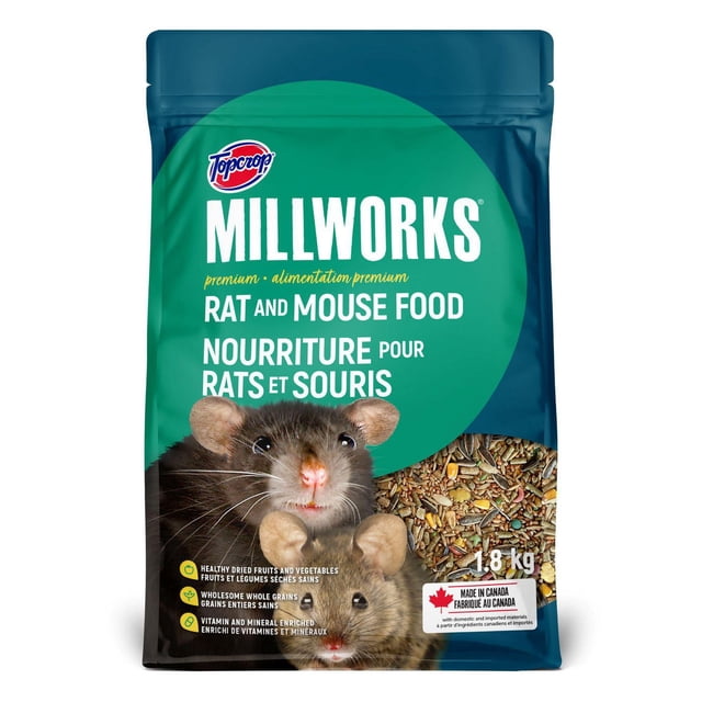 Millworks Premium Rat and Mouse Food 1.8 kg bag with green and blue packaging featuring two rats and a visible mix of grains, seeds, dried fruits, and vegetables, made in Canada, suitable for providing a balanced diet for small animals.