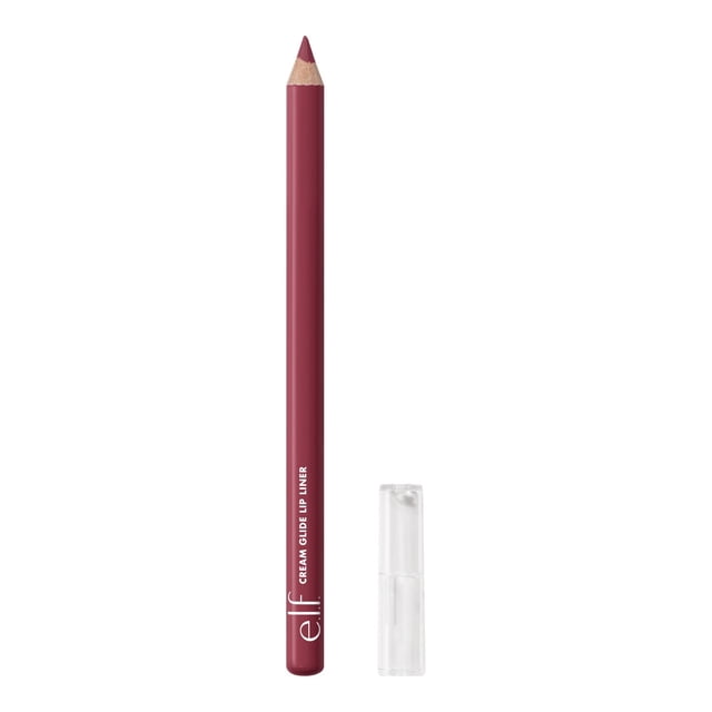 e.l.f. Cosmetics Cream Glide Lip Liner in muted berry colour with a sharpened tip, smooth wooden pencil body, and clear plastic cap beside it, ideal for precise lip contouring and often used to enhance lipstick longevity.