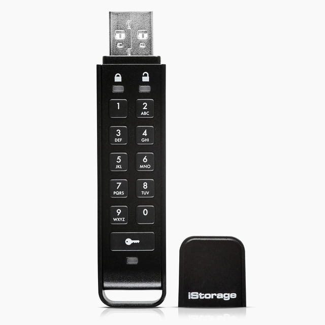 Istorage 16 Go datAshur Personal2 USB 3.0 Flash Drive avec Boîtier Rectangulaire Noir, Pavé Numérique pour Accès par code PIN, Icônes de Verrouillage, Connecteur USB Type-A et Capuchon Amovible, Offrant un Chiffrement Matériel et un Stockage de Données Sécurisé.