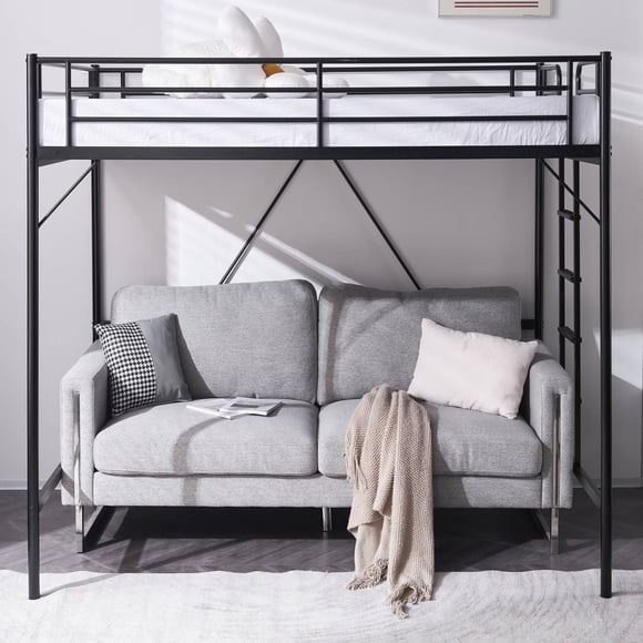 Ktaxon Loft Bed Full Size with Flat Rungs for Adults, Kids and Young Teens, No Box Spring Required,Heavy Duty Metal Slat Support,Black