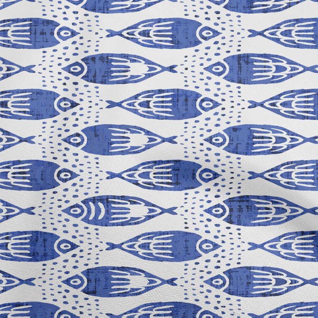 oneOone Cotton Poplin Blue Fabric Asian Block Fish Craft Projects Decor Fabric Printed By The Yard 56 Inch Wide