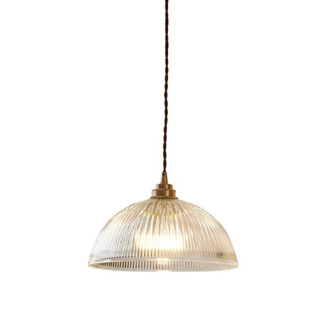 Clear Ribbed Glass Dome Pendant Light Fixture with a semicircle transparent glass shade and metal ceiling plate, offering a vintage farmhouse aesthetic. The pendant light features an adjustable hanging wire up to 39.3 inches, compatible with E27 bulbs (not included) and supports various bulb types including LED, CFL, halogen, and incandescent. Suitable for decorative pendant lighting in kitchen islands, dining tables, bars, and entrances.