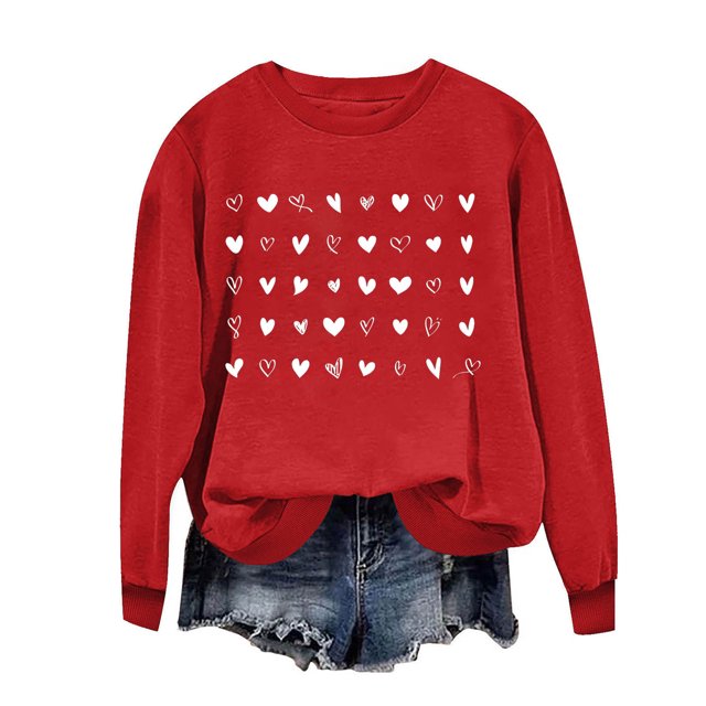 Penkiiy Chandail en Molleton Imprimé Cœur pour Femmes Manches Longues Col Rond Décontracté Ample Vintage Amour Graphique Chandail Rouge