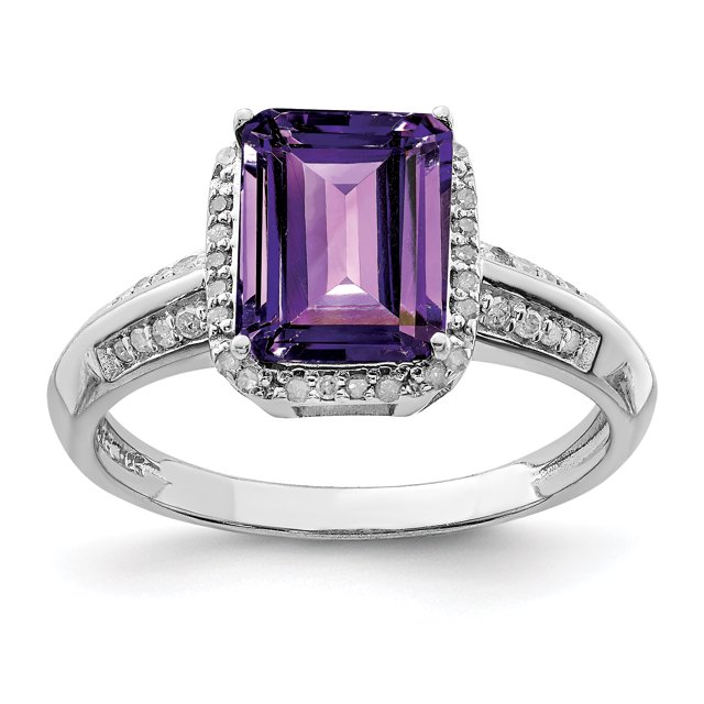 925 Sterling Silver Rhodium-plated Octagonal Amethyst and Diamond Ring