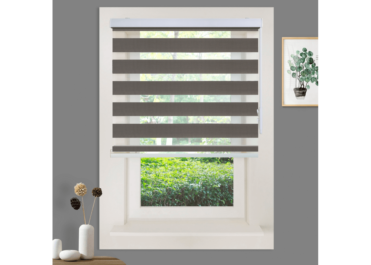 WYMO Zebra Blinds 64 x 48 INCH - Sheer Horizontal Blinds and Shades for Daytime and Nighttime - Light Filtering Roller Shades for Windows - Dark Grey - Manual Control Stick