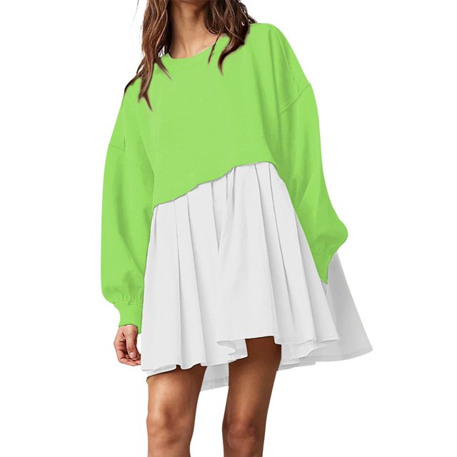 Womens Oversized Sweatshirt Dress Long Flowy Patchwork Pullover Tops Cute Drop Shoulder Sweatshirts Fall Long Sleeve Mini Dress Teen Girls Crewneck Solid Tunic Pleated Loose Clothing Beig