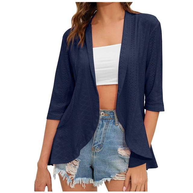 Cardigan à Manches Mi-Longues Uni pour Femmes, Mode Décontractée Printemps et Été