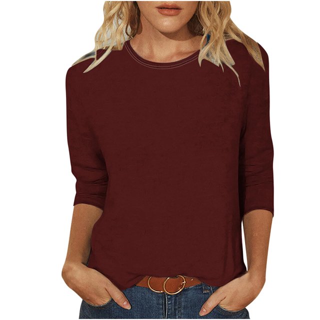 Timegard Womens Summer Tops Crewneck 3/4 Sleeve Solid Color Comfy Basic Tee Shirts Casual Loose Tops